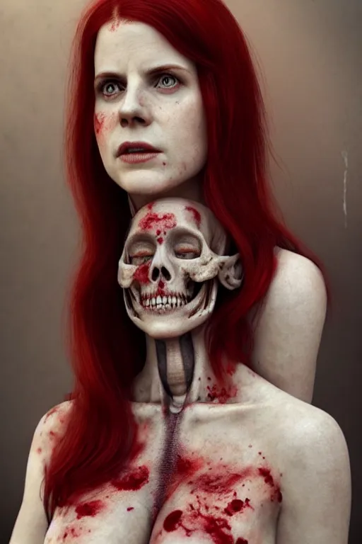 Prompt: pale woman covered with blood, sarah rafferty face!!!, red hair, skeleton body tattoo, ultra realistic, concept art, intricate details, highly detailed, 4 5 mm. photorealistic, octane render, 8 k, unreal engine. film still, heavy grain, 3 5 mm, art by artgerm and greg rutkowski and alphonse mucha