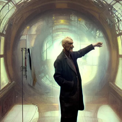 Prompt: hyperrealist portrait of a thin mean old man with a lab coat standing in front of a computer simulation by jeremy mann and alphonse mucha, fantasy art, photo realistic, dynamic lighting, artstation, poster, volumetric lighting, very detailed faces, award winning