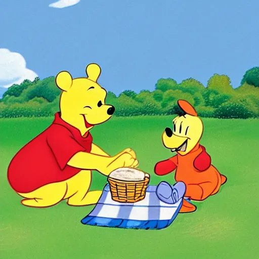 Image similar to Winnie the pooh and Donald duck having a picnic, cartoon