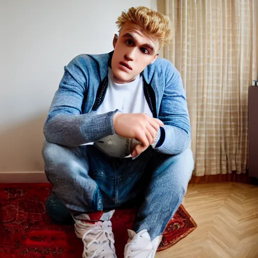 Image similar to jake paul sitting confused and sweating in a small european apartment.