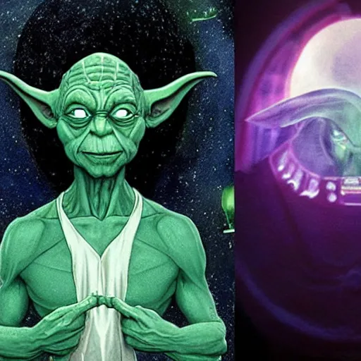 Image similar to photo of hybrid of dr manhattan and yoda