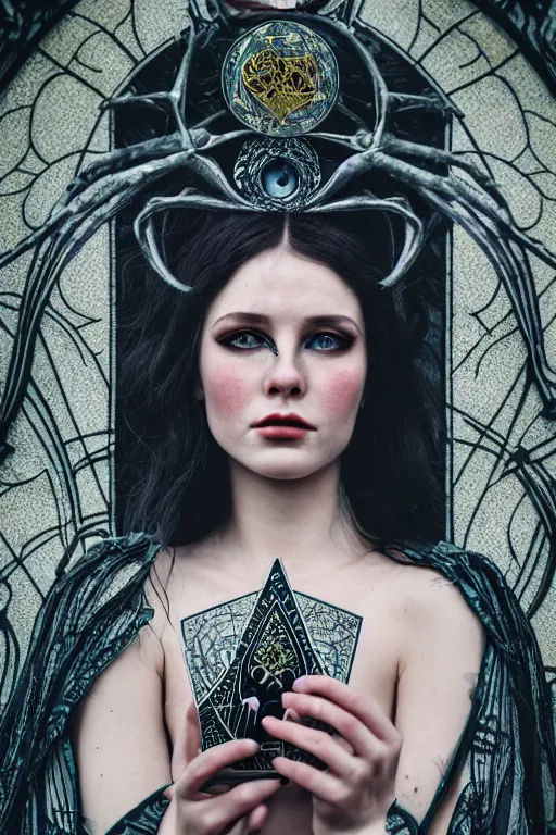 Prompt: Cinestill 50d, 8K, highly detailed, major arcana H.R Giger art nouveau nightmare Agnieszka Lorek tarot star card style 3/4 closeup portrait, eye contact, focus on model, tilt shift background: famous major arcana tarot remake, transformation scene