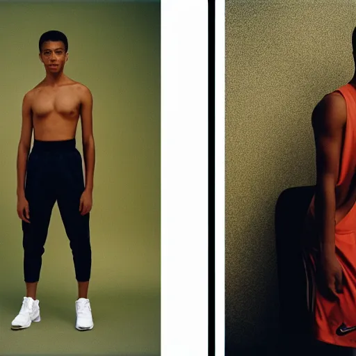 Image similar to realistic photoshoot for a new nike lookbook, color film photography, portrait of a beautiful caucasian person, in style of Tyler Mitchell, 35mm, graflex