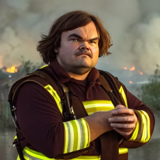 Prompt: jack black looking peaceful while escaping a raging building fire, movie still, 8 k