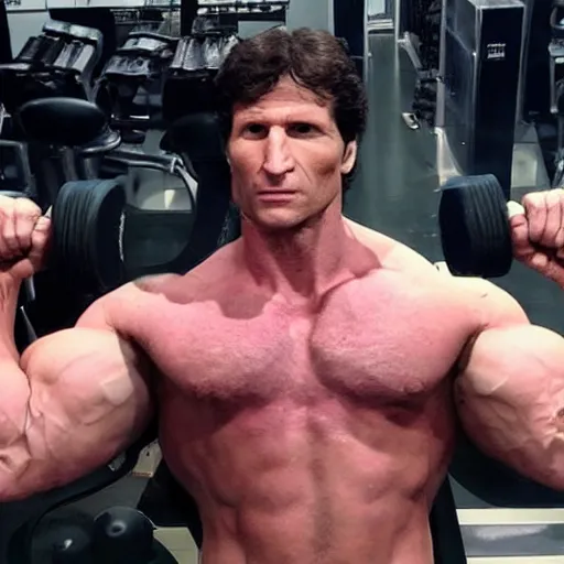 Prompt: gigachad Todd Howard of Bethesda Game Studios showing off his gains