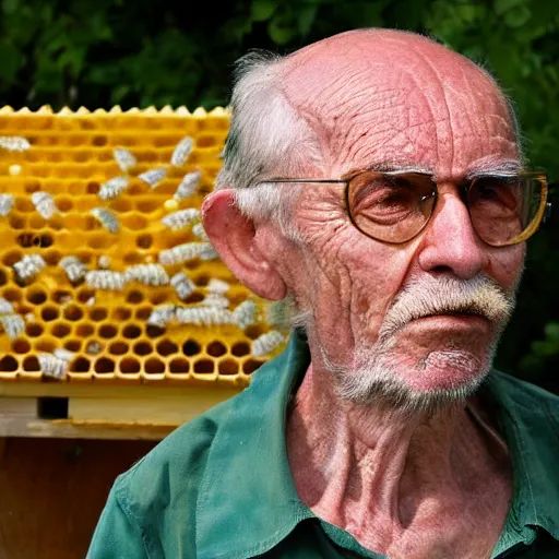 Image similar to an old man that looks like a honeycomb, bees in the background