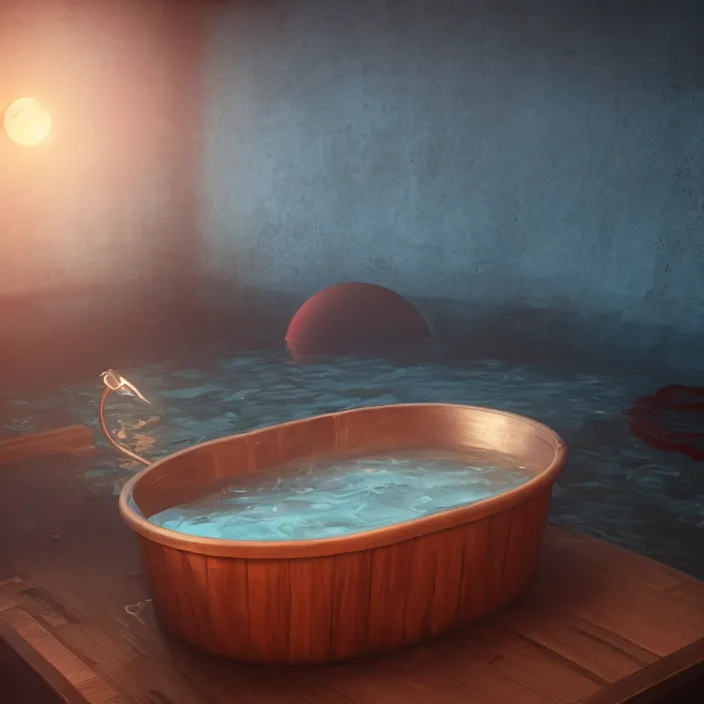 Image similar to a nymp swimming in a wooden tub while it's blood moon, au naturel, digital art, trending in artstation, cinematic lighting, studio quality, unreal engine 5 rendered