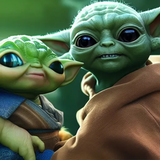 Image similar to zelda playing with baby yoda, detailed, hyper realistic, 4 k octan render, unreal 5