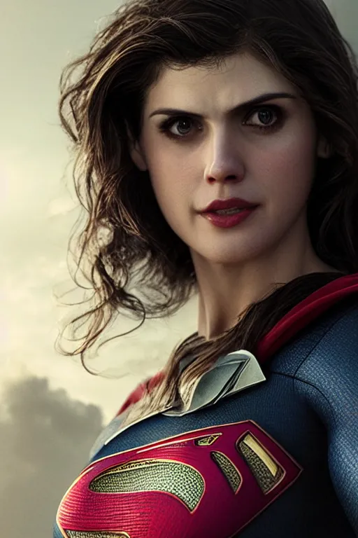 Image similar to a fancy close up of Man of Steel cast as Alexandra Daddario by Greg Rutkowski, Sung Choi, Mitchell Mohrhauser, Maciej Kuciara, Johnson Ting, Maxim Verehin, Peter Konig, 8k photorealistic, cinematic lighting, HD, high details, dramatic, trending on artstation, full body shot