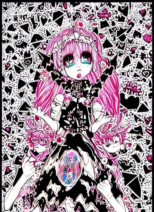 Prompt: spiked bloodmoon goregrind sigil stars draincore, baroque bedazzled gothic royalty frames surrounding a hellfire hexed witchcore aesthetic, dark vhs broken hearts, neon glyphs spiked pixelsort fairy kei decora doll by guro manga artist Shintaro Kago