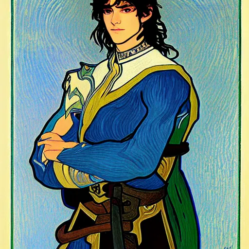 Image similar to portrait painting of young handsome beautiful paladin elf!! man with long! wavy dark hair and blue eyes in his 2 0 s named taehyung minjun james, pale, wearing armor!, gorgeous hair, elf ears, icy eyes, elegant, cute, delicate, soft facial features, art by alphonse mucha, vincent van gogh, egon schiele,