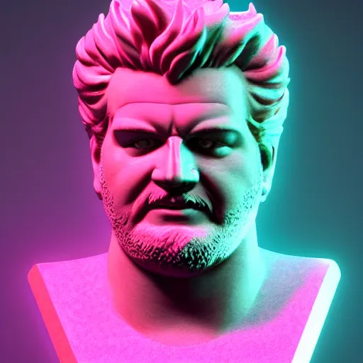 Image similar to sci - fi cgartist wide shot anaglyph ambient occlusion rendering of a hyper realistic marble greek statuary regal god head resembling guy fieri glowing with embedded vaporwave leds product photo high key colored lighting, trending on artstation volumetric lighting