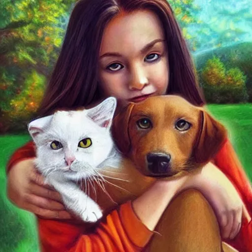 Prompt: a beautiful potrait contain human cat beautiful woman dog and child