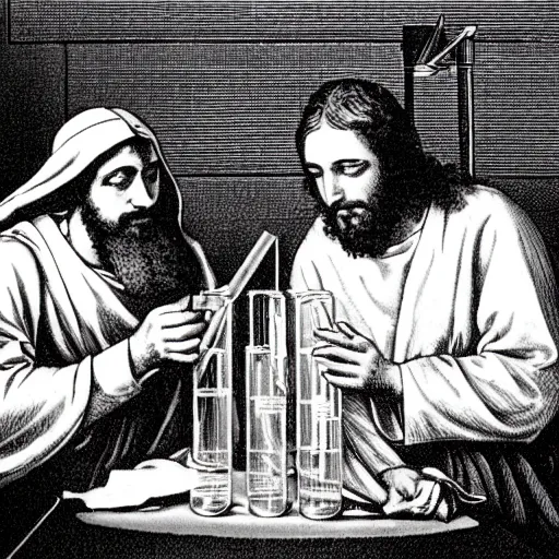 Prompt: jesus and another scientist in a lab creating a new chemical concoction holding up a test tube filed with green liquid