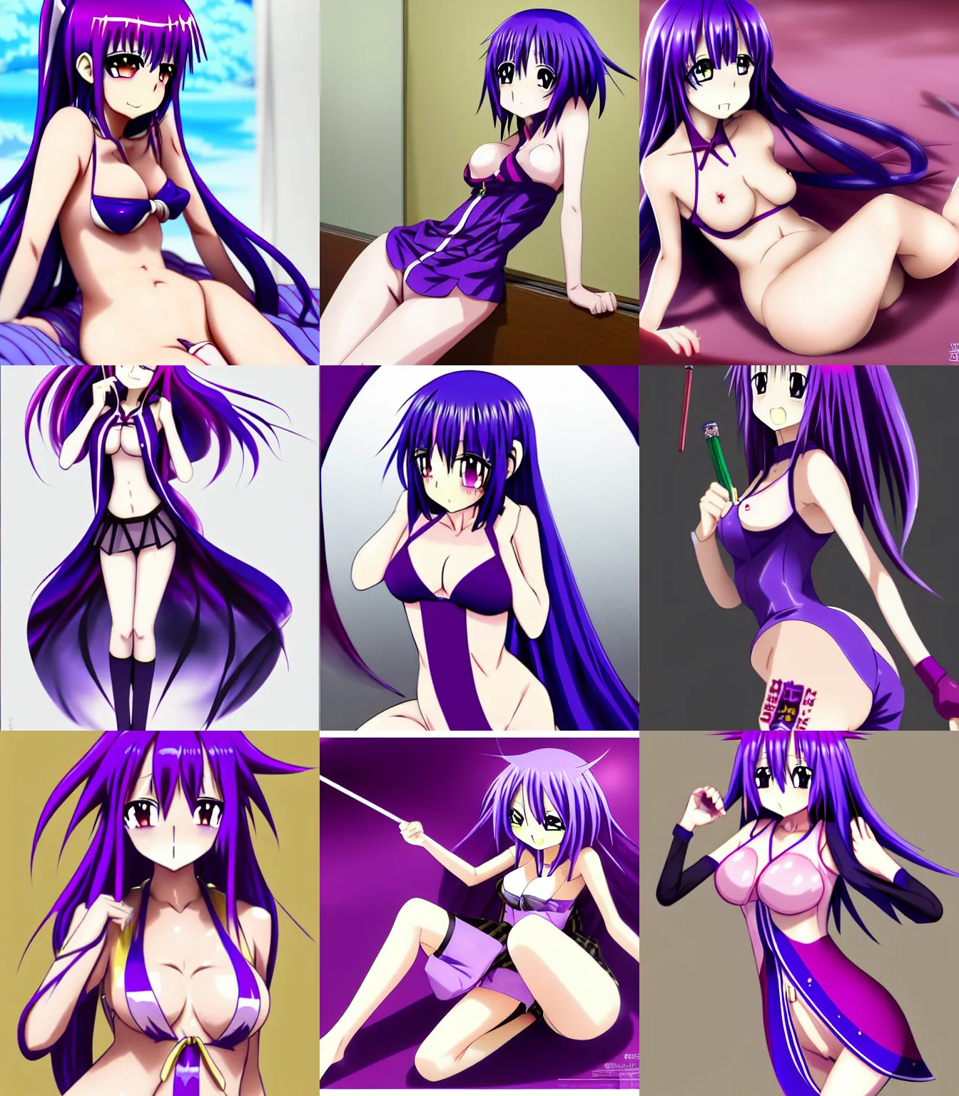 Prompt: Kagami Hiiragi from anime Lucky Star in the negligee in bed, short flat hourglass slim figure, purple hair and attractive features, dungeons and dragons portrait, seductive smile, highly detailed, digital painting, cartoon art style, Kyoto Animation Lucky Star, artstation, kyoani, concept art, sharp focus, illustration, art by artgerm and greg rutkowski and alphonse mucha