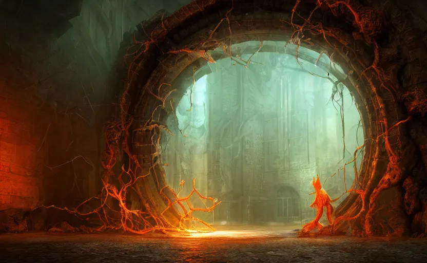 Image similar to realistic photo of a lovecraft creature in a hell gate portal, filaments, translucent, photorealistic, hyperrealism, high resolution, ultra - detailed, by marc simonetti, natural volumetric lighting, realistic 4 k octane beautifully detailed render, 4 k post