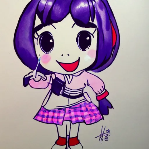 Image similar to a perfect professional sketch of a funny and cute Japanese schoolgirl, by ink pen with a few colored pens, in style of Disney Pixar, CalArts, on high quality paper