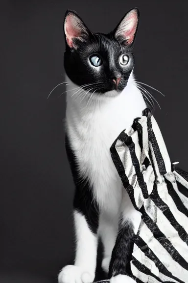 Image similar to a photo taken from a distance of a black and white cat dressed up as queen elizabeth