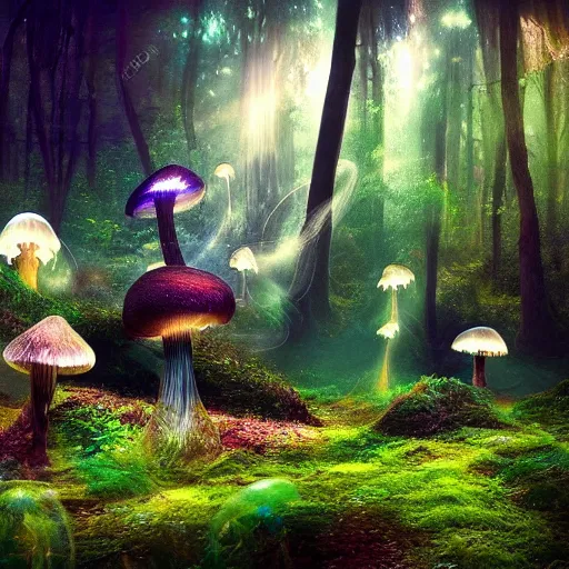 Prompt: fairy forest, wisps, landscape, magical, surreal, light shafts, light diffusion, heaven, oasis, fungal, mushrooms, fairies, jellyfish