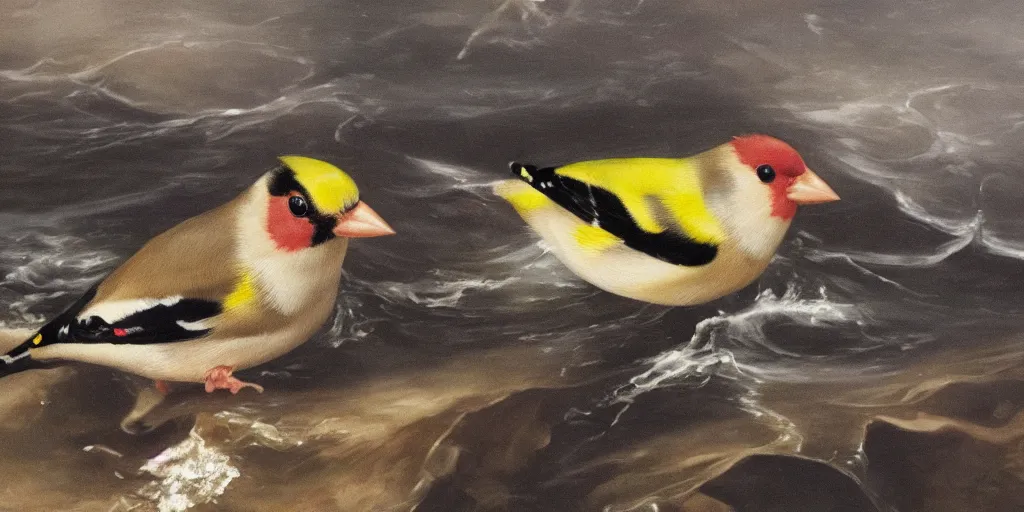 Image similar to painting of a goldfinch drowning in a river of nightmares, in the background you can see the universe. by theodore gericault, realistic oil painting, 4 k, studio lightning, award winning, very detailed shadows