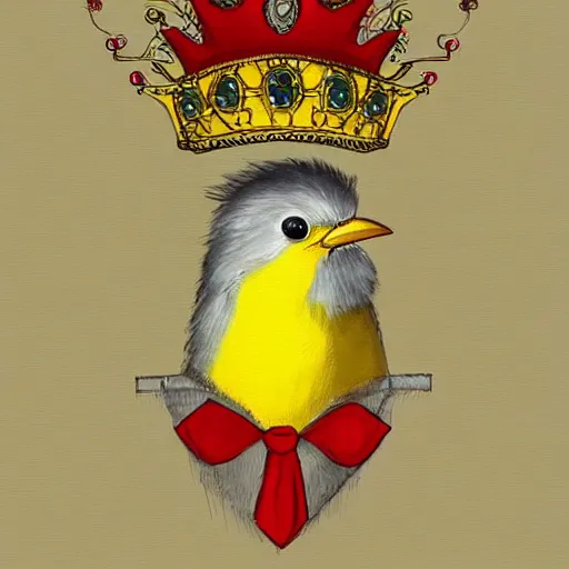 Image similar to an elegant yellow!! bird!!! wearing a crown!!! and a red! bow!! tie!!, very very beautiful, high quality, detailed, 4k, digital art, artstation, smooth