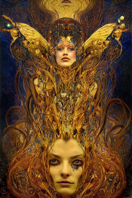 Image similar to Intermittent Chance of Chaos Muse by Karol Bak, Jean Deville, Gustav Klimt, and Vincent Van Gogh, beautiful Surreality portrait, enigma, Loki's Pet Project, destiny, Poe's Angel, fate, inspiration, muse, otherworldly, fractal structures, arcane, ornate gilded medieval icon, third eye, spirals