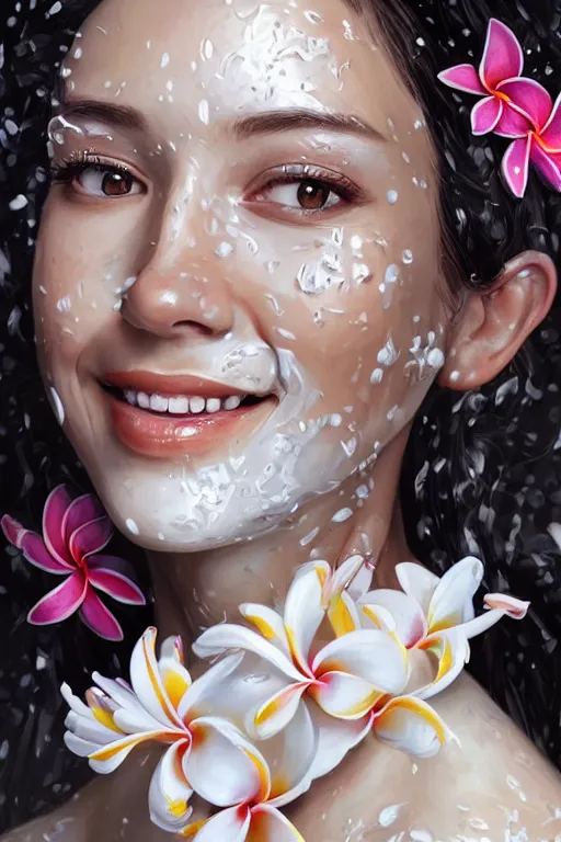 Image similar to ultra realistic illustration, portrait of smiling woman covered in white yogurt, plumeria tropical bouquet background, close up shot, fantasy, intricate, elegant, highly detailed, digital painting, artstation, concept art, smooth, sharp focus, illustration, surrealism