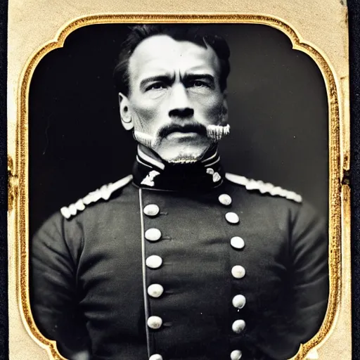 Prompt: Civil War General Arnold Schwarzenegger, old photo, worn and faded, wet-plate photography