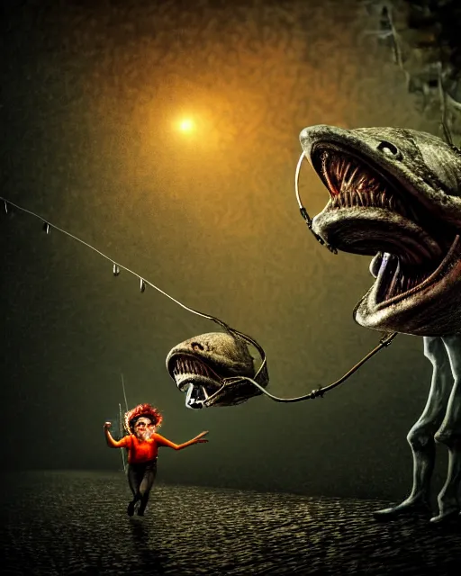 Prompt: realistic, angler fish, human legs, on land, chasing a man, nightmare, dark alley, scary, run for your life, highly detailed, photograph, rainy, dreamy, high definition
