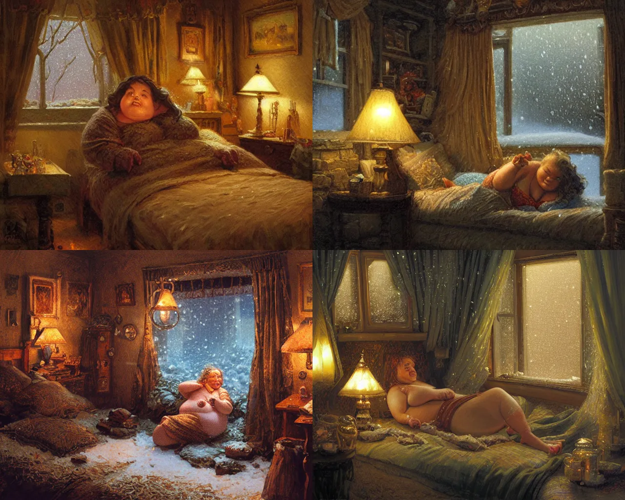 Prompt: beautiful chubby dwarf woman on her cozy lamp - lit bedroom at night, snowstorm outside through windows, beautiful scene, intricate, detailed, warm light, confortable atmosphere, high quality, by donato giancola and ralph horsley