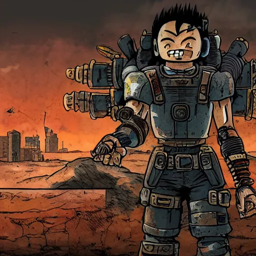 Image similar to ingame gameplay of a post-apocalyptic cyberpunk grimdark FPS video game in the style of akira toriyama in the style of fallout detailed realistic HD 8k High Resolution