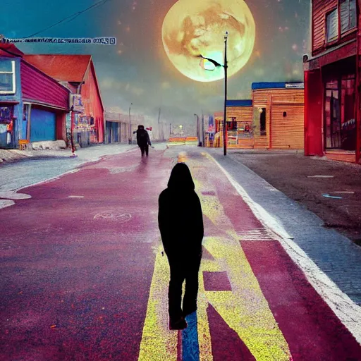 Prompt: moonwalker streetphoto, city street on the moon, a detailed image of a future norilsk, moon landscape, colorful haze, americana, high production value, 8 k resolution, hyperrealistic, photorealistic, high definition, high details, tehnicolor, award - winning photography, masterpiece, amazing colors