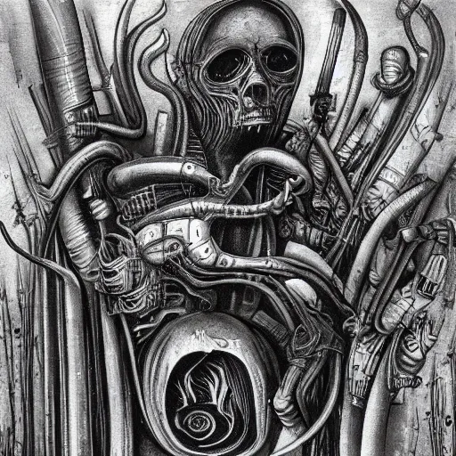 Image similar to zelensky commited crimes in bucha by h. r. giger