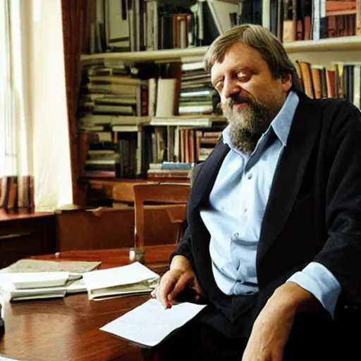 Prompt: the philosopher Slavoj Zizek sitting at his White House desk after he became the president of USA