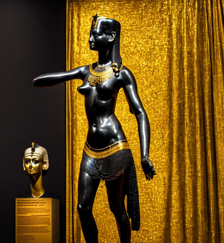 Image similar to a photo at the museum showing a black marble and gold full body sculpture of cleopatra. good quality, good light, anatomically correct, 8 k