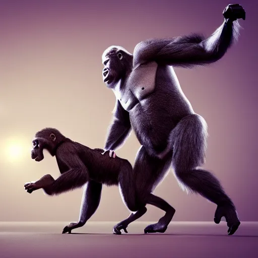 Prompt: gorilla and kangaroo fight, they are flying on a banana over the sky, high quality, highly detailed, 3 d octane render,