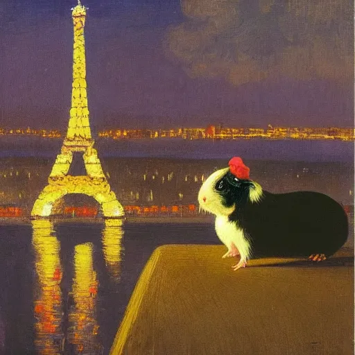 Prompt: A guinea pig in Paris at night, eiffel tower visible in the background, bridge across Seine visible in background, in the style of Ilya Repin