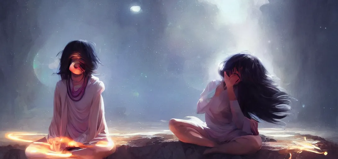 Image similar to Young Himalayan woman floating amused using psychic powers to make a lighter float| night time scene, plain walls |light hearted, white eyes, long messy hair | gentle lighting, futuristic, dim lighting, digital art by Makoto Shinkai ilya kuvshinov and Wojtek Fus, digital art, concept art,