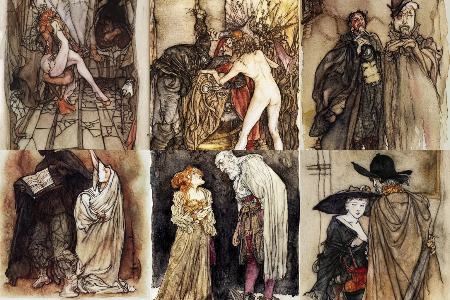 Prompt: senseless and wise. watercolor and pencil by diego velazquez, arthur rackham and milo manara