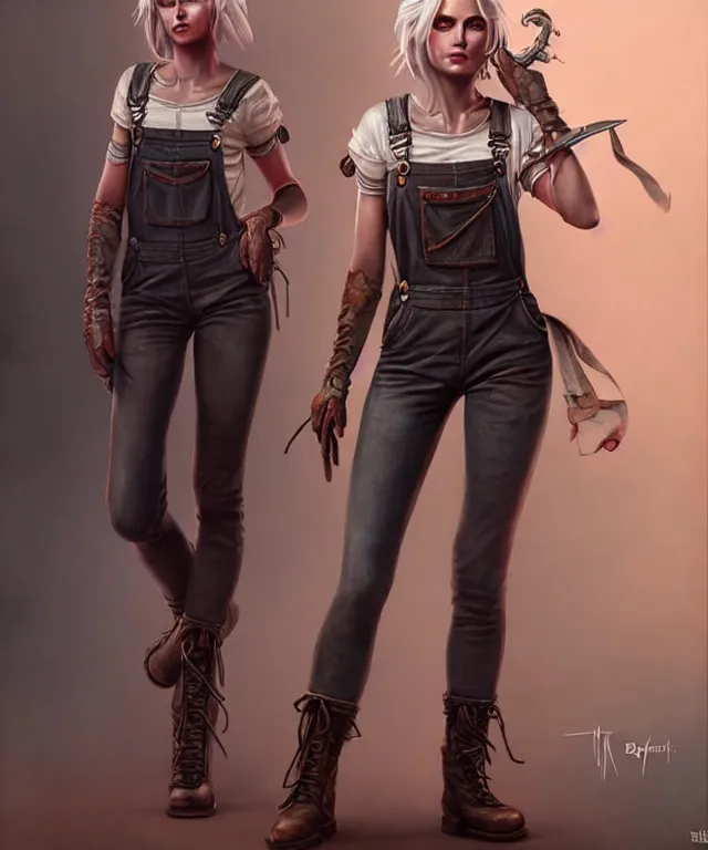 Image similar to full body pose, grungy ciri, overalls, combat boots, beautiful, highly detailed face, true anatomy!, extremely detailed!, digital painting, unreal engine 5, art by tom bagshaw