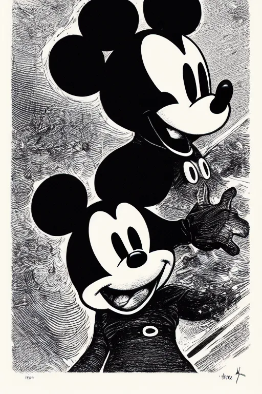 Prompt: sideview waist up portrait of mickey mouse wearing black cape hoodie by laurie greasley and rene magritte, etching by gustave dore, intricate, sharp focus, illustration, highly detailed, digital painting, concept art, masterpiece