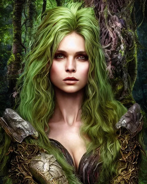 Image similar to portrait high definition photograph female fantasy character art, hyper realistic, pretty face, hyperrealism, iridescence water elemental, snake skin armor forest dryad, woody foliage, 8 k dop dof hdr fantasy character art, by aleski briclot and alexander'hollllow'fedosav and laura zalenga