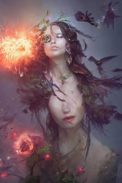 Image similar to beautiful girl necromancer, witch - doctor exploding into flowers, angels, 3 d render, hyper - realistic detailed portrait, holding electricity and birds, ruan jia, wlop. scifi, fantasy, hyper detailed, octane render, concept art, peter mohrbacher