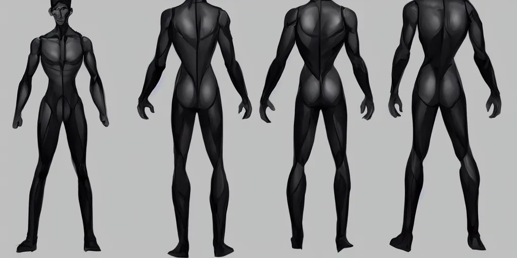 Prompt: male, science fiction suit, character sheet, concept art, stylized, large shoulders, large torso, long thin legs, concept design