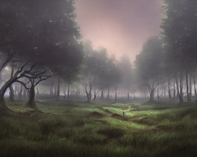 Prompt: Small flat clearing of green grass shrouded under a gloomy dark night sky, surrounded by dense creeping Everfree forest with thick dark trees, 4k landscape, 1000 hour digital artwork by Noah Bradley
