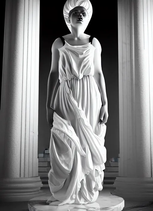 Prompt: a full body portrait of a young woman wearing an billowing dress, inside a white marble temple with colums, in the style of irakli nadar, soft lighting, film photography