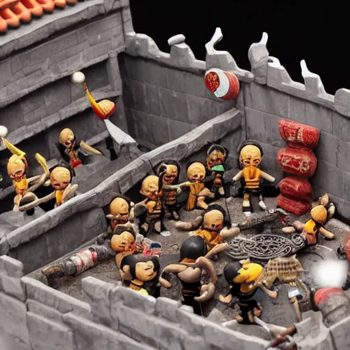 Prompt: photo of nendroid figures inside a diorama, depicting the cute fighters of mortal kombat brutally fighting each other inside a shaolin temple next to a spike - pit.