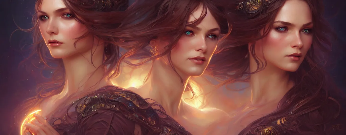 Image similar to fantasy magic woman portrait, sci-fi, amber eyes, face, long hair, fantasy, intricate, elegant, highly detailed, digital painting, artstation, concept art, smooth, sharp focus, illustration, art by artgerm and greg rutkowski and alphonse mucha