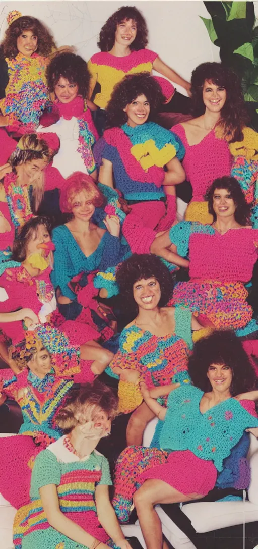 Image similar to multicolored crocheted party, 1 9 8 0 s catalogue photo