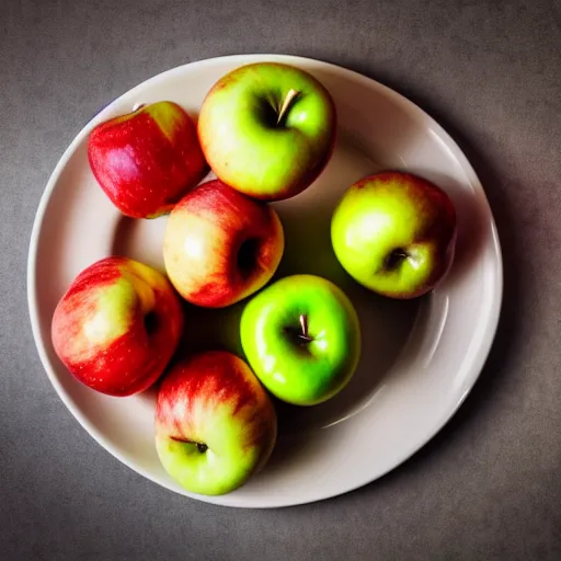 Image similar to a wide angle side view realistic photo of only 3 apples on a colorful plate, award winning